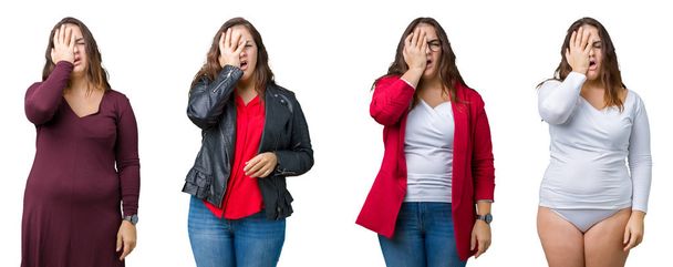 Collage einer schönen Plus-Size-Frau vor isoliertem Hintergrund, die gähnend müde Gesicht, Augen und Mund mit der Hand bedeckt. Gesicht schmerzt vor Schmerzen. - Foto, Bild