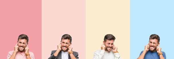 Collage von gut aussehenden jungen Mann über bunten Streifen isoliert Hintergrund bedeckt Ohren mit Fingern mit genervten Ausdruck für den Lärm der lauten Musik. Gehörloses Konzept. - Foto, Bild