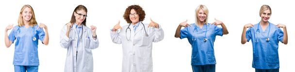 Колаж групи професійних лікарів-жінки над білим ізольованим тлом виглядає впевнено з посмішкою на обличчі, вказуючи на себе з гордими і щасливими пальцями
. - Фото, зображення