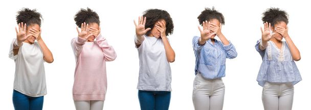 Колаж з афро-американських жінка над ізольовані фон, що охоплюють очі руками і робити зупинки жест з сумно і страх вираз. Збентежений і негативні концепції. - Фото, зображення