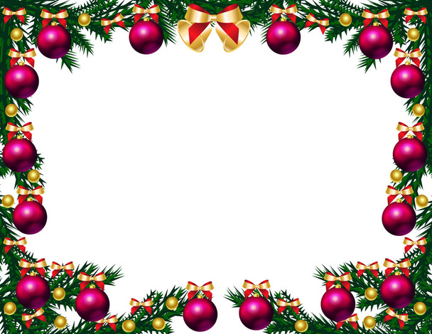 beautiful christmas background with fir branches, bells, bows and pink baubles on white - Vector, Image