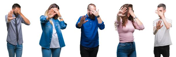 Collage of group of young casual people over isolated background covering eyes with hands and doing stop gesture with sad and fear expression. Embarrassed and negative concept. - Fotografie, Obrázek