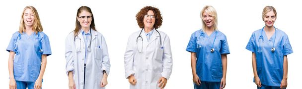 Collage de grupo de profesionales de la doctora mujeres sobre blanco aislado fondo guiño mirando a la cámara con expresión sexy, cara alegre y feliz
. - Foto, Imagen
