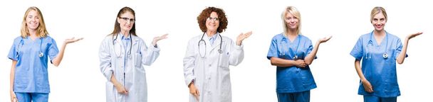 Collage de grupo de médicos profesionales mujeres sobre fondo blanco aislado sonriendo alegre presentando y señalando con la palma de la mano mirando a la cámara
. - Foto, Imagen