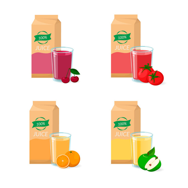 Vector set of juice. Box package, glass and fruit. Orange, cherry, tomato, apple - Vecteur, image