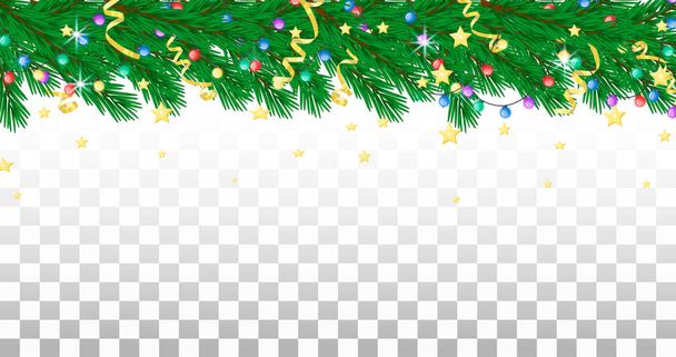 Fir branch, garland, streamers and stars. Holiday border, transparent background - Vector, Image