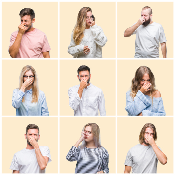 Collage de personnes de groupe, femmes et hommes sur fond isolé jaune coloré sentant quelque chose de puant et dégoûtant, odeur intolérable, retenant la respiration avec les doigts sur le nez. Concept de mauvaises odeurs
. - Photo, image