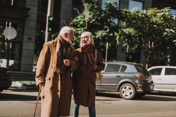 Happy elderly couple walking on the street side by side - Photo, Image