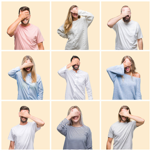 Collage of group people, women and men over colorful yellow isolated background smiling and laughing with hand on face covering eyes for surprise. Blind concept. - Fotó, kép