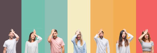 Collage of different ethnics young people over colorful stripes isolated background surprised with hand on head for mistake, remember error. Forgot, bad memory concept. - Photo, Image