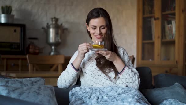 beautiful woman sitting on the couch wrapped in a blanket and drinking delicious tea - Filmagem, Vídeo