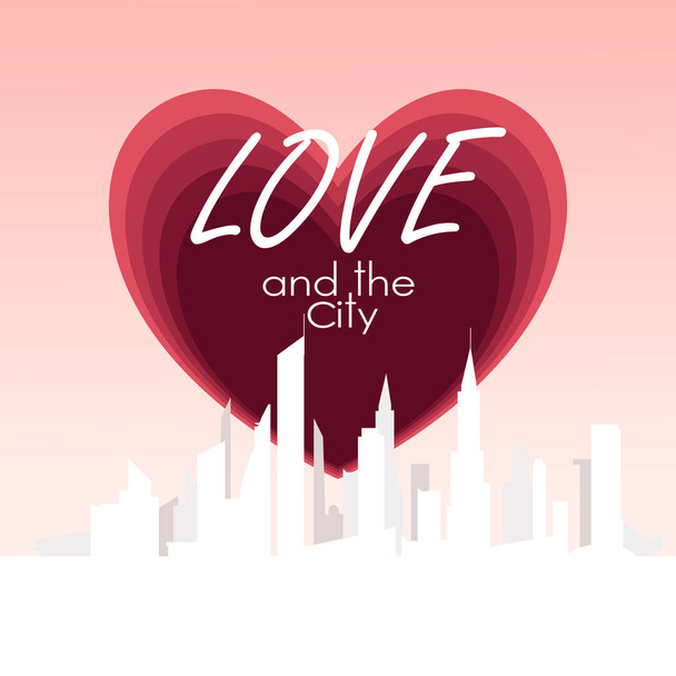 Love and the City, concept. Big red heart above the city. - Vektori, kuva