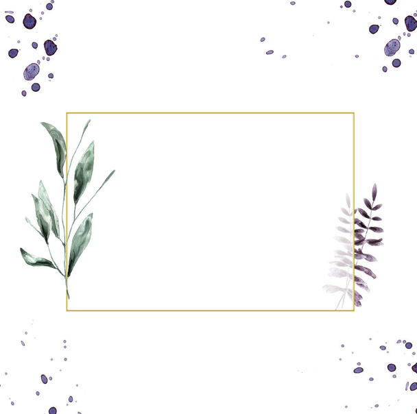 Wedding Invitation, floral invite card, pink floral and green leafs geometric golden frame print. Rhombus Rectangle frame. White background. - Foto, Imagem