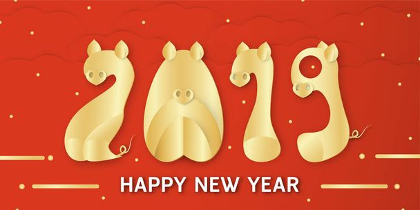 Happy New Year 2019 with shining background for zodiac of pig. Vector illustration with golden font in paper cut and digital craft.  - Vector, Image