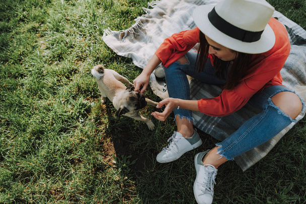 Young lady is sitting on plaid with her dog - Zdjęcie, obraz