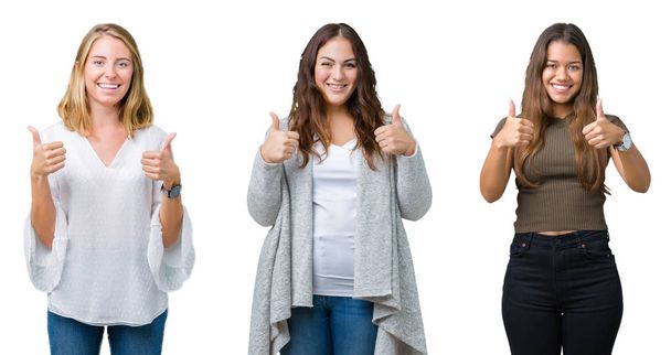 Collage einer Gruppe von drei jungen schönen Frauen vor weißem isoliertem Hintergrund, die eine positive Geste mit der Hand machen, die Daumen hoch lächelnd und glücklich. Blick in die Kamera mit heiterem Gesichtsausdruck, Siegergeste. - Foto, Bild