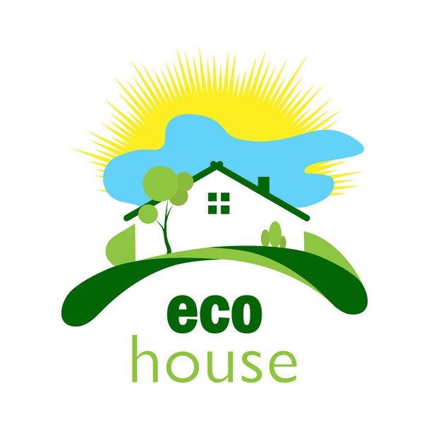 Color logo for a green ecological house on a green lawn with a background of sun and clouds - Vector, Image