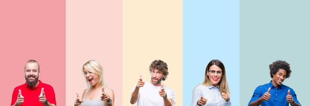 Koláž skupiny mladých lidí barevné vintage izolované pozadí ukazovat prstem na kameru s šťastný a legrační obličej. Dobrá energie a vibrace. - Fotografie, Obrázek