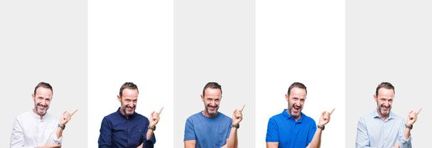 Collage van middelbare leeftijd senior hoary man over geïsoleerde achtergrond met een grote glimlach op het gezicht, met de hand en de vinger te wijzen naar de kant te kijken naar de camera. - Foto, afbeelding