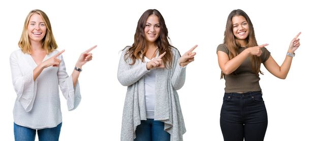 Collage de grupo de tres jóvenes hermosas mujeres sobre fondo blanco aislado sonriendo y mirando a la cámara apuntando con dos manos y dedos hacia un lado
. - Foto, imagen