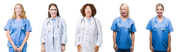 Коллаж группы профессиональных врачей женщин на белом изолированном фоне торчащий язык доволен смешным выражением лица. Концепция эмоций
. - Фото, изображение
