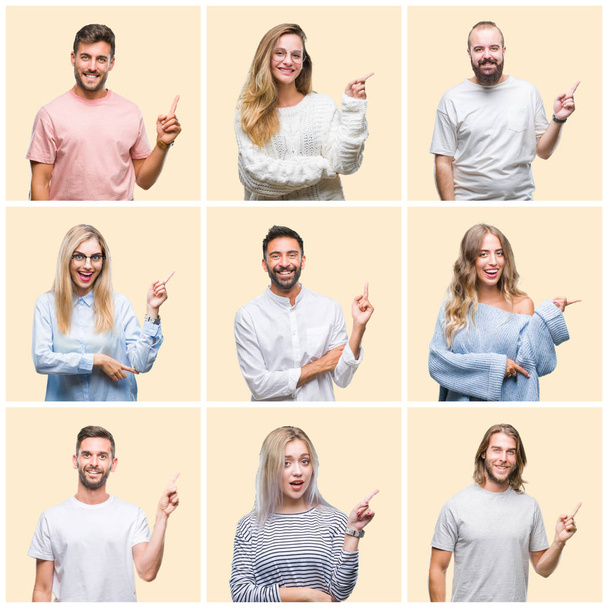 Collage of group people, women and men over colorful yellow isolated background with a big smile on face, pointing with hand and finger to the side looking at the camera. - Photo, Image