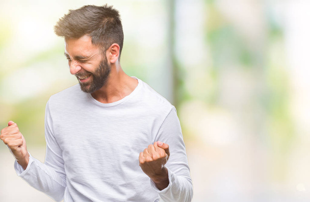 Adult hispanic man over isolated background very happy and excited doing winner gesture with arms raised, smiling and screaming for success. Celebration concept. - Foto, afbeelding