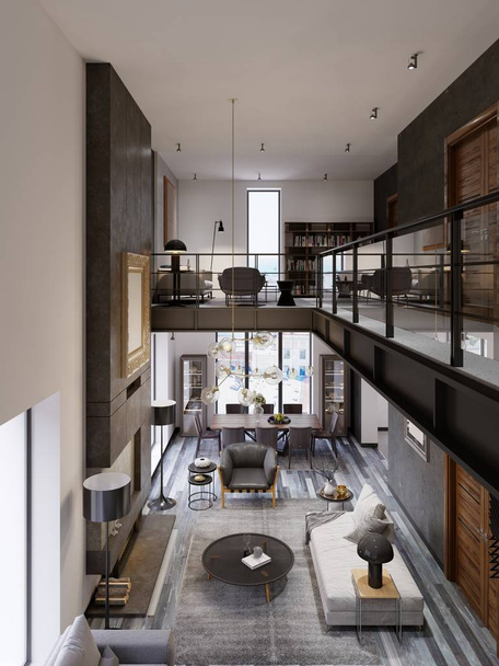 Two-level loft-style interior with a living room and dining area and transitions co glass railing to the library area on the second floor. 3d rendering. - Photo, Image