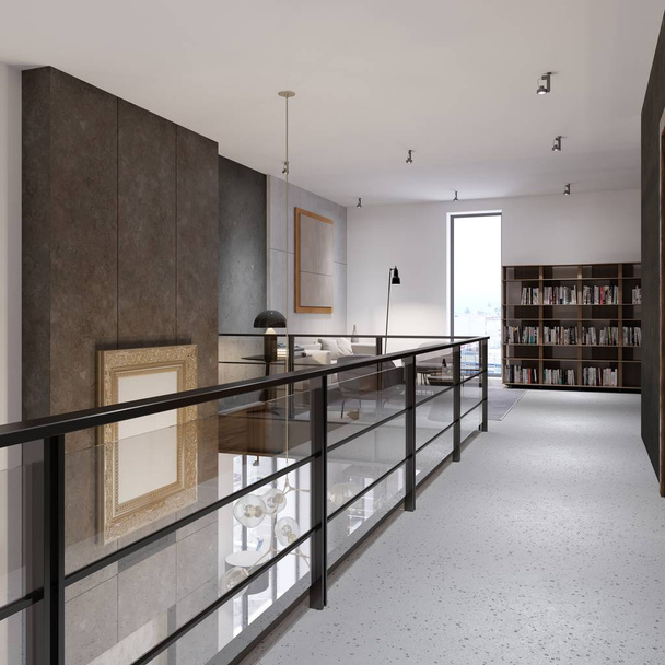 Ο διάδρομος με γυαλί κιγκλιδώματα στον δεύτερο όροφο, που οδηγεί σε ένα χώρο αναψυχής και μια βιβλιοθήκη. Duplex Διαμέρισμα στο στυλ μιας σοφίτας. 3D rendering. - Φωτογραφία, εικόνα