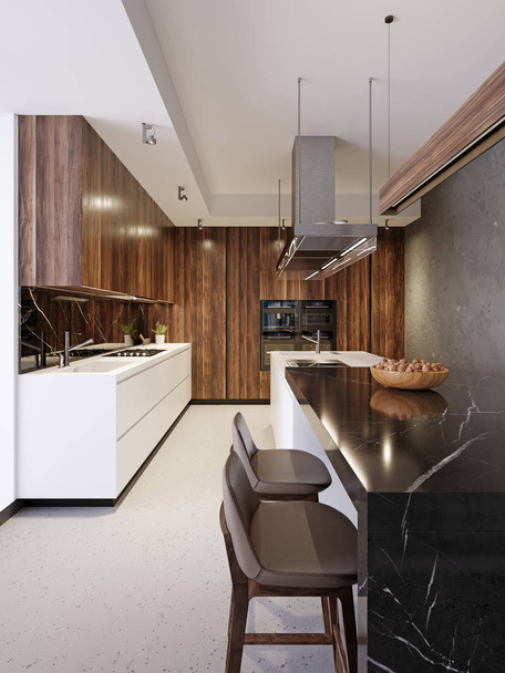 Luxus fekete márvány, a fából készült lemez, a dió és a modern konyha szobában két bőr bárszék inspirációk. 3D-leképezés. - Fotó, kép