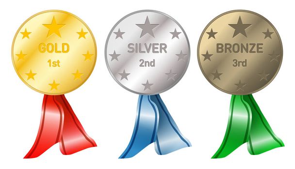Золотые, серебряные и бронзовые медали с красной, синей и зеленой лентой изолированы на белом фоне
 - Вектор,изображение