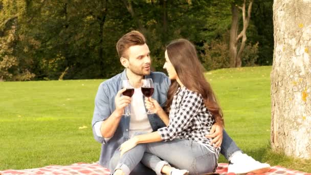 Szczęśliwa para cieszy się na zielony trawnik. Facet i dziewczyna są picie wina na pikniku. - Materiał filmowy, wideo