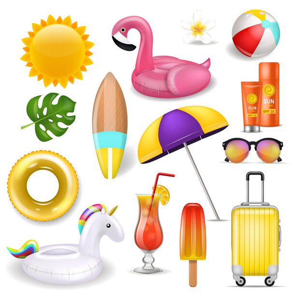 Realistic 3D summer holidays symbols isolated on white - Vector, Image