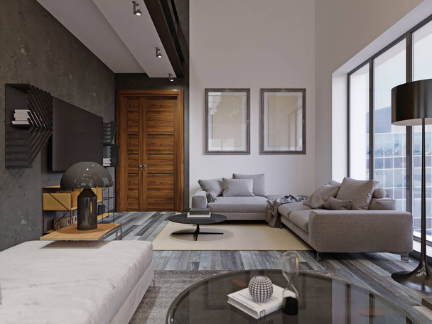 Piękny i duży hipster projektowanie wnętrz salon z drewnianą podłogą i sklepionym sufitem w nowy luksusowy dom. przedpokoju, a drugi obszar loft. renderowania 3D. - Zdjęcie, obraz