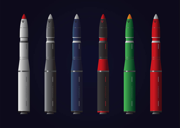 Conjunto de vários mísseis coloridos, ou foguetes, sobre fundo escuro
 - Vetor, Imagem