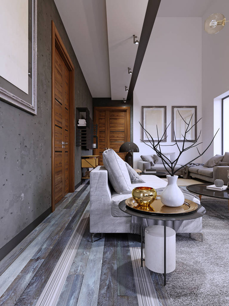 Hipster interior design with designer soft sofa and magazine table in black. The combination of white and gray concrete wall. Two paintings on the wall, mocap. 3d rendering. - Photo, Image