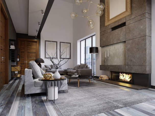 Apartamento de diseño en el estilo de un loft con un segundo nivel. Zona de TV con sofá y sofá. renderizado 3d
. - Foto, Imagen