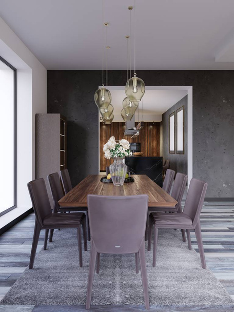 moderní Prostorná jídelna interiér s velkým stolem formální sad nádobí v dlouhé místnosti mají okna, kuchyň a čítače. 3D vykreslování - Fotografie, Obrázek