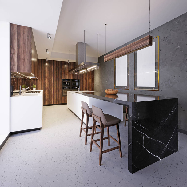 White kitchen furniture with kitchen island and bar in loft interior. 3D Renderin - Photo, Image