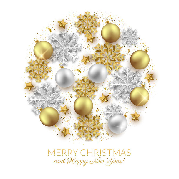 Merry Christmas and New Year festive background design, decorative balls and glitter snowflakes circle. - Vector, Image