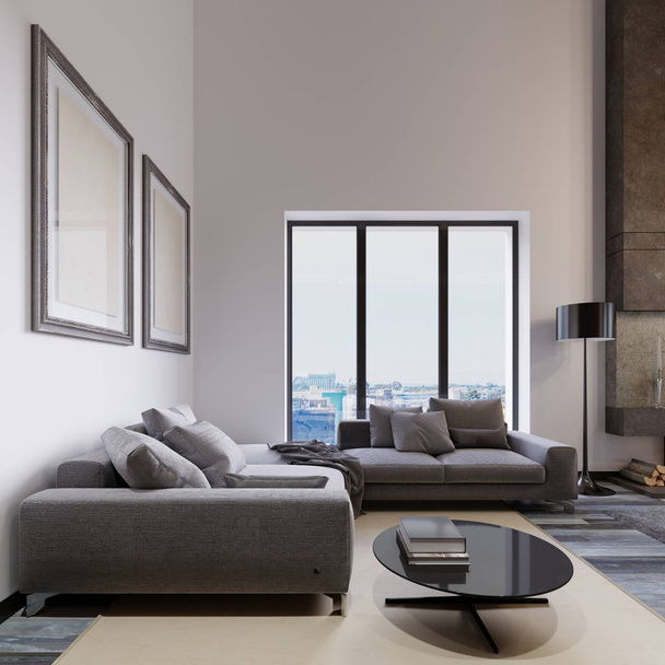 Een grote hoekbank door de woonkamer raam is eigentijdse stijl, grijze stof, een multifunctionele modulaire bank met een tijdschrift tafel en schilderijen op de muur. 3D-rendering - Foto, afbeelding