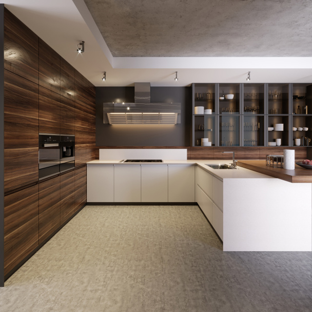 Mutfak iç beton duvarlar, beyaz mutfak tezgahı ve konsolları, büyük pencereler ile bir beton zemin ve bar tabureleri ile stand. 3D render - Fotoğraf, Görsel