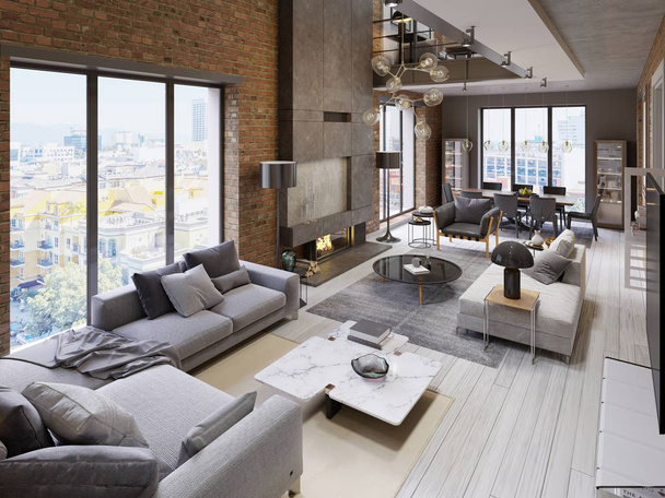 Grote moderne loft-stijl appartement met banken, fauteuil, eettafel, vuurplaats, bakstenen muur. 3D-rendering - Foto, afbeelding