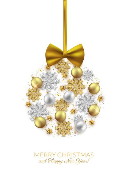 Merry Christmas and Happy New Year bauble made of snowflakes, bow, balls. - Vector, Image