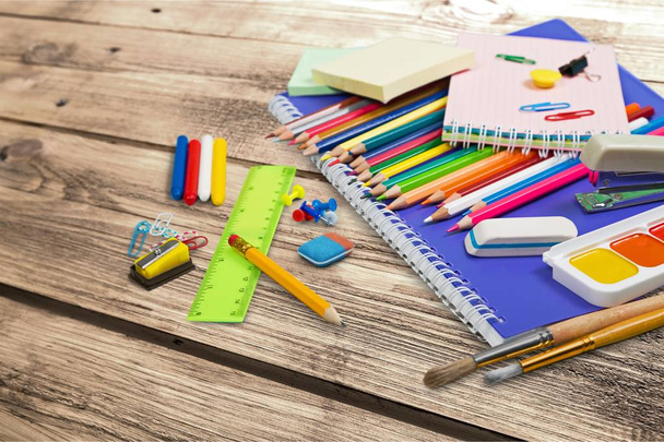 Colorful school stationery composition, back to school background - Photo, Image