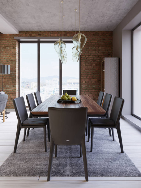 Loft accogliente con tavolo da pranzo, sedie e scaffali di stoccaggio. rendering 3d
 - Foto, immagini