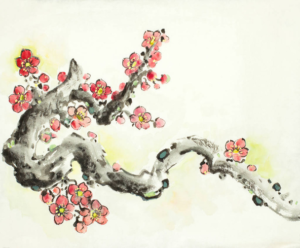Chinese style flowering branch of wild plum - Valokuva, kuva