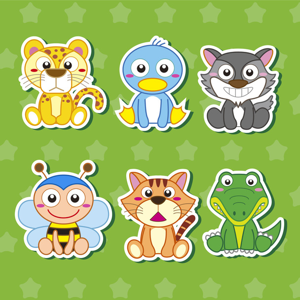 Six Cute Cartoon Animal Stickers - Vektör, Görsel