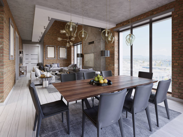 Μοντέρνα τραπεζαρία με τραπέζι φαγητού και οκτώ καρέκλες σε στιλ λοφτ διαμέρισμα με κουζίνα και σαλόνι. 3D rendering. - Φωτογραφία, εικόνα