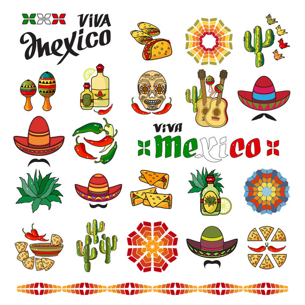 Viva Mexico icon. Set of cute various mexican icons isolated on white background. Cartoon  Sombrero, guitar, pepper, cactus, maraca, tequila and skull. - Wektor, obraz